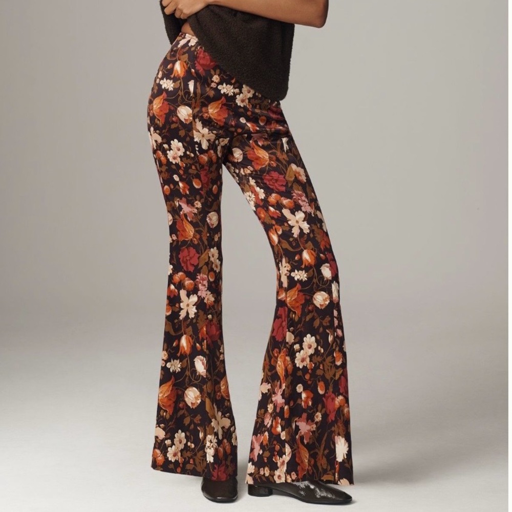 Anthropologie Floral Boot Cut Satin Pants - Brown and Orange